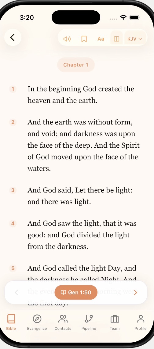 Evangelism Bible reader showing Genesis 1 with numbered verses, red-letter text and the translation picker