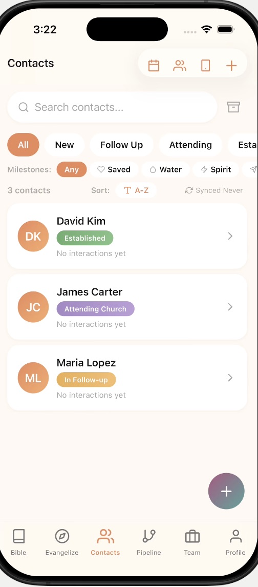 Contacts list in the ministry CRM with discipleship stages such as Follow-Up and Attending beside each person