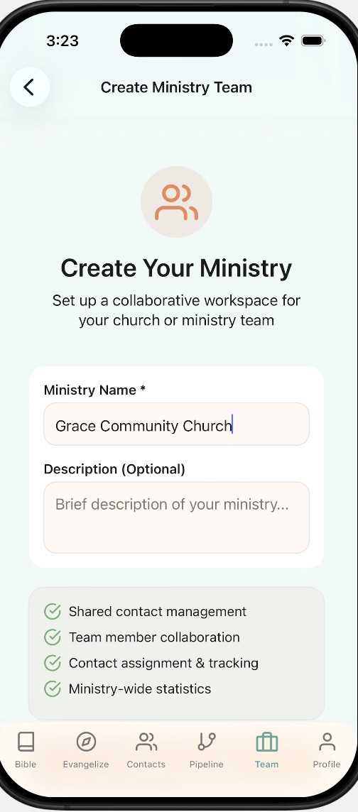 Create Your Ministry screen for setting up a team workspace with shared contacts and goals